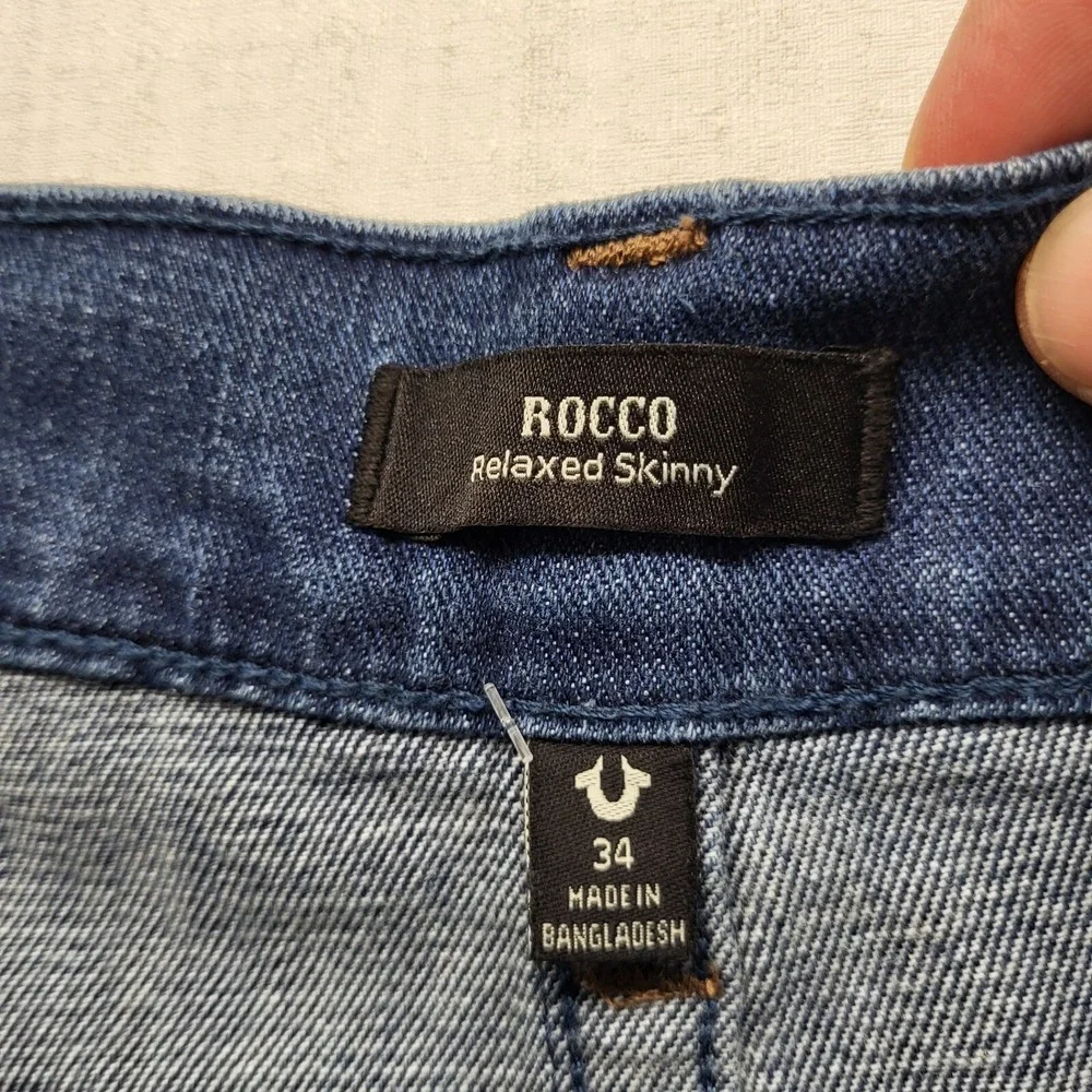New True Religion Jeans Mens 34/32 Rocco Relaxed Skinny Flap Stretch Blue Faded